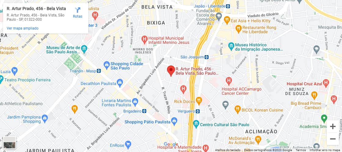 Mapa com a localização do Google Maps mostrando a proximidade com o shopping e Av. Paulista, com os metrôs Brigadeiro e Vergueiro e dos hospitais num raio de 1km