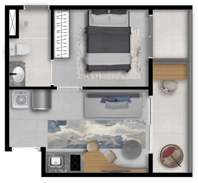 Planta humanizada do apartamento de 1 dormitório final 12. De 31m² com ponto para máquina de lavar, além dos pontos de cooktop e geladeira. Apartamentos com varanda.