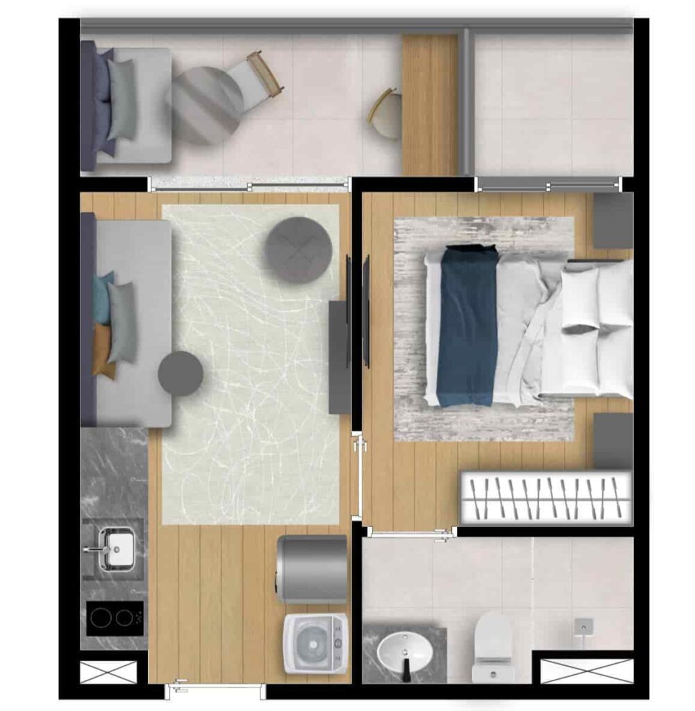 Planta humanizada do apartamento de 1 dormitório final 3. De 31m² com ponto para máquina de lavar, além dos pontos de cooktop e geladeira. Apartamentos com varanda.