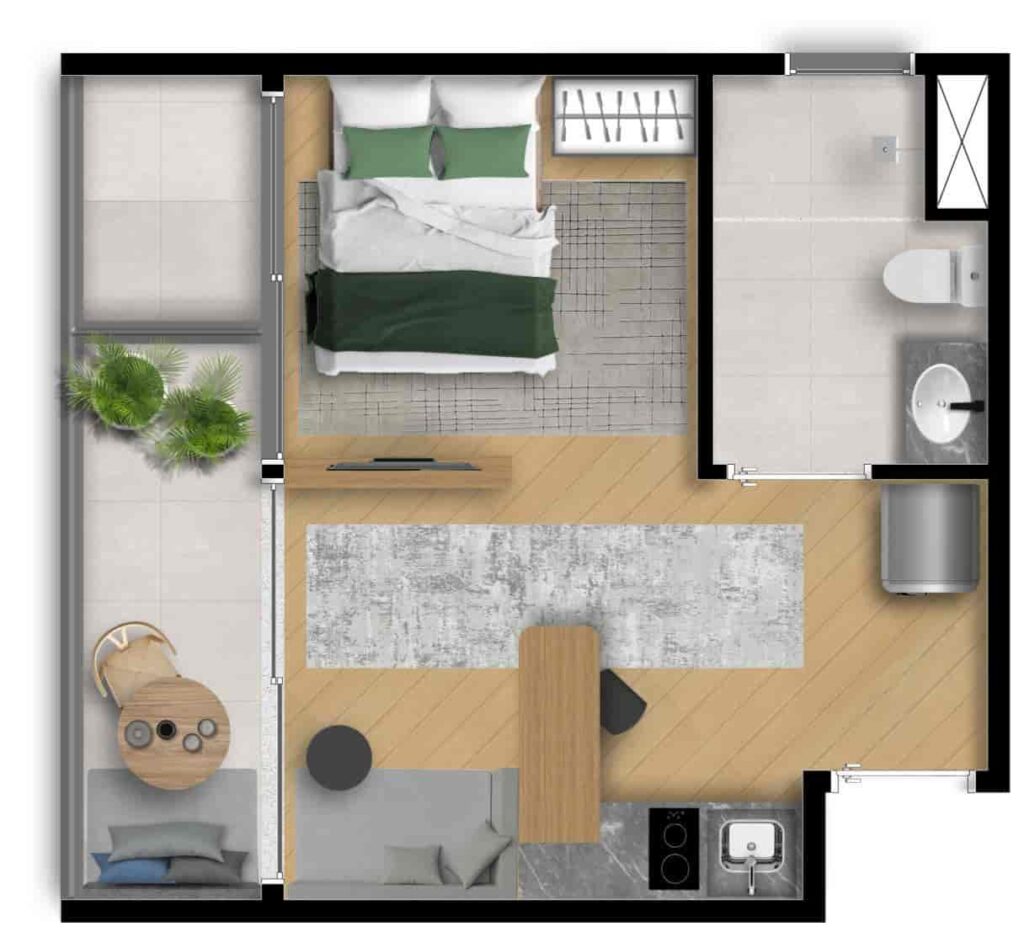 Planta humanizada do apartamento studio flat final 12. De 31m² com ponto para máquina de lavar, além dos pontos de cooktop e geladeira. Apartamentos com varanda.