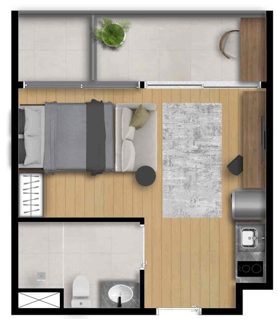 Planta humanizada do apartamento studio flat final 3. De 31m² com ponto para máquina de lavar, além dos pontos de cooktop e geladeira. Apartamentos com varanda.